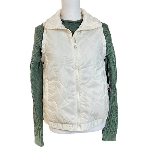 90 Degrees Cream Zip Quilted Vest Jacket Ruffle Shoulders Pockets Size S - Picture 1 of 7